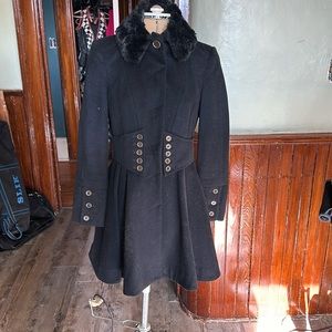 Black Faux Fur Collar Fit-and-Flare Women's Coat